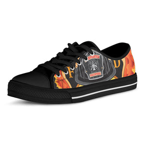 Flaming Firefighter Emblem Print Black Low Top Sneakers