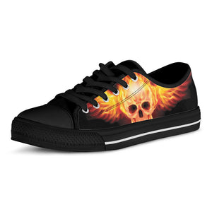 Flaming Skull With Fire Wings Print Black Low Top Sneakers