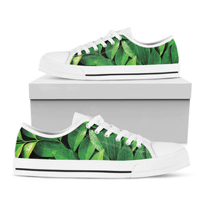 Fresh Green Leaf Print White Low Top Sneakers