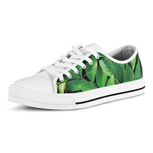 Fresh Green Leaf Print White Low Top Sneakers