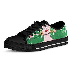 Frida Kahlo And Pink Floral Print Black Low Top Sneakers