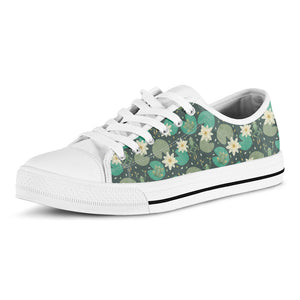 Frogs And Water Lilies Pattern Print White Low Top Sneakers