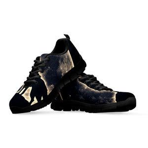 Full Moon Howling Wolf Print Black Running Shoes
