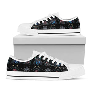 Ghost Samurai Mask Pattern Print White Low Top Sneakers
