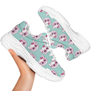 Girly Cat With Glasses Pattern Print White Chunky Shoes