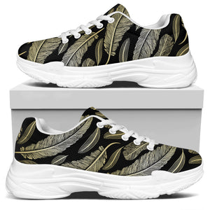 Gold And Black Feather Pattern Print White Chunky Shoes