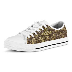 Gold And Brown Thai Pattern Print White Low Top Sneakers