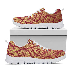 Gold And Red Thai Pattern Print White Running Shoes