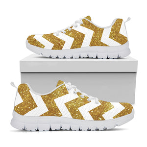 Gold And White Chevron Pattern Print White Running Shoes