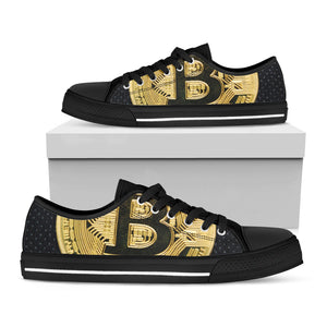 Gold Bitcoin Symbol Print Black Low Top Sneakers