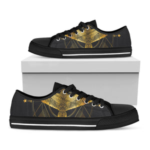 Golden Spiritual Bird Print Black Low Top Sneakers
