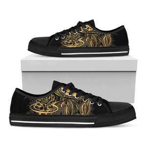 Golden Spiritual Koi Carp Print Black Low Top Sneakers