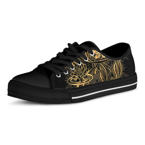 Golden Spiritual Koi Carp Print Black Low Top Sneakers