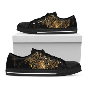 Golden Spiritual Owl Print Black Low Top Sneakers