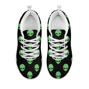 Green Alien Face Print White Running Shoes
