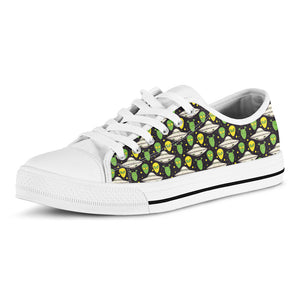 Green Alien UFO Space Print White Low Top Sneakers
