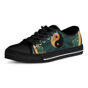 Green And Gold Chinese Zodiac Print Black Low Top Sneakers
