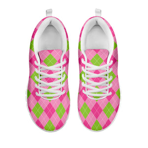 Green And Pink Argyle Pattern Print White Running Shoes