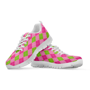 Green And Pink Argyle Pattern Print White Running Shoes