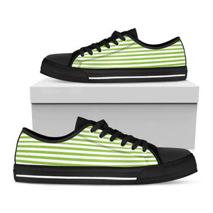 Green And White Striped Pattern Print Black Low Top Sneakers