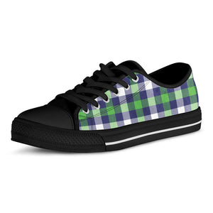 Green Blue And White Buffalo Plaid Print Black Low Top Sneakers