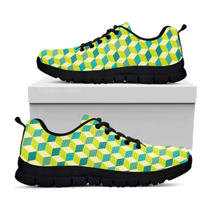 Green Geometric Cube Shape Pattern Print Black Running Shoes