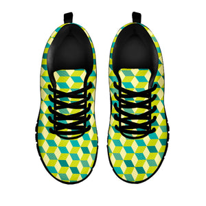 Green Geometric Cube Shape Pattern Print Black Running Shoes