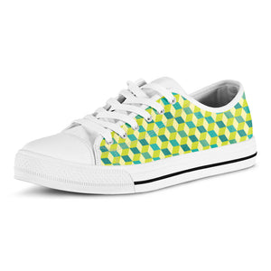 Green Geometric Cube Shape Pattern Print White Low Top Sneakers