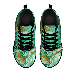 Green Gold Liquid Marble Print Black Running Shoes
