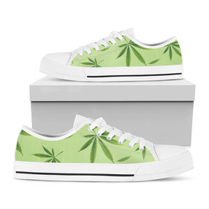Green Hemp Leaves Pattern Print White Low Top Sneakers