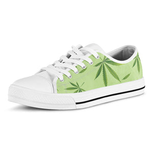Green Hemp Leaves Pattern Print White Low Top Sneakers