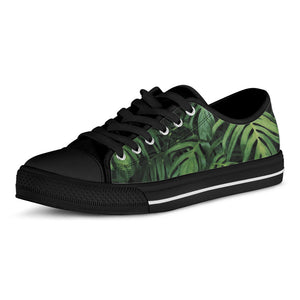 Green Monstera Leaf Print Black Low Top Sneakers