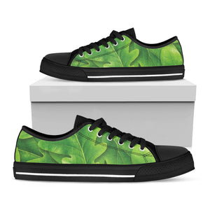 Green Oak Leaf Print Black Low Top Sneakers