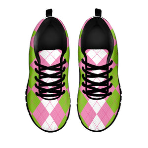 Green Pink And White Argyle Print Black Running Shoes