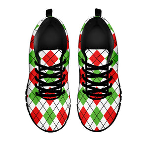 Green Red And White Argyle Pattern Print Black Running Shoes