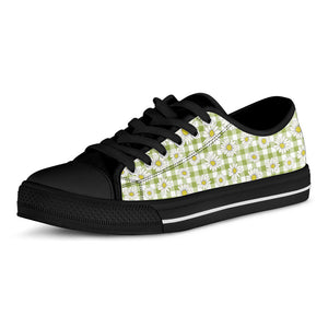 Green Tartan Daisy Pattern Print Black Low Top Sneakers
