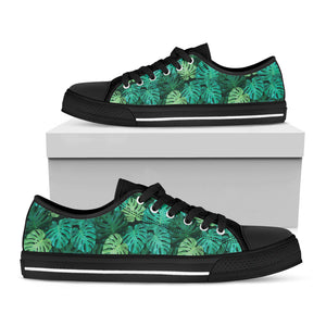 Green Tropical Monstera Pattern Print Black Low Top Sneakers