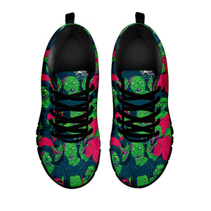 Green Walking Zombie Print Black Running Shoes