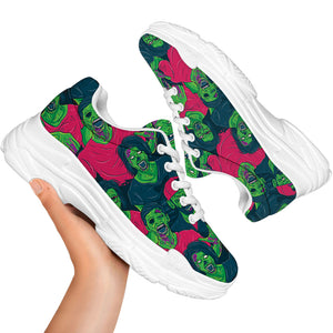 Green Walking Zombie Print White Chunky Shoes