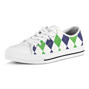 Green White And Navy Argyle Print White Low Top Sneakers