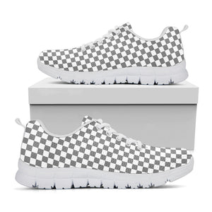 Grey And White Checkered Pattern Print White Running Shoes