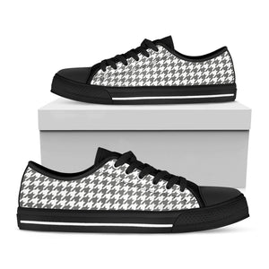 Grey And White Houndstooth Pattern Print Black Low Top Sneakers