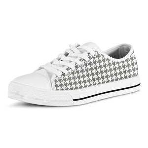 Grey And White Houndstooth Pattern Print White Low Top Sneakers