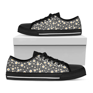 Grey Daisy Floral Pattern Print Black Low Top Sneakers