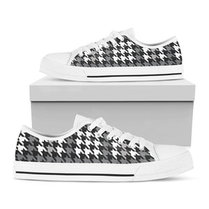 Grey Houndstooth Pattern Print White Low Top Sneakers