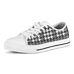 Grey Houndstooth Pattern Print White Low Top Sneakers