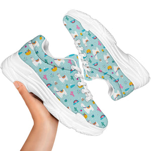 Happy Llama And Cactus Pattern Print White Chunky Shoes