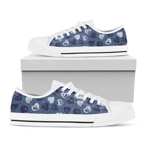 Heart Denim Jeans Pattern Print White Low Top Sneakers