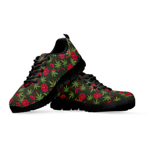 Hemp Leaves And Flowers Pattern Print Black Running Shoes