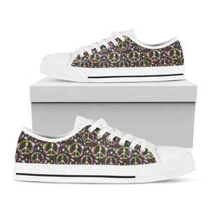 Hippie Peace Sign Flower Pattern Print White Low Top Sneakers